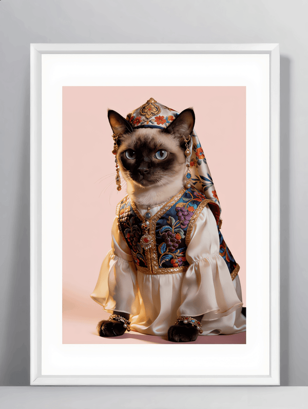 Siamese cat wearing a traditional ornate royal Chinese outfit and headpiece in a framed portrait.