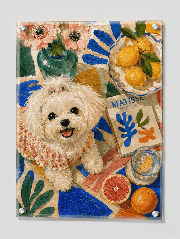 Custom vintage oil painting pet portrait of a white dog with flowers and fruit by Pawtraits & Tales
