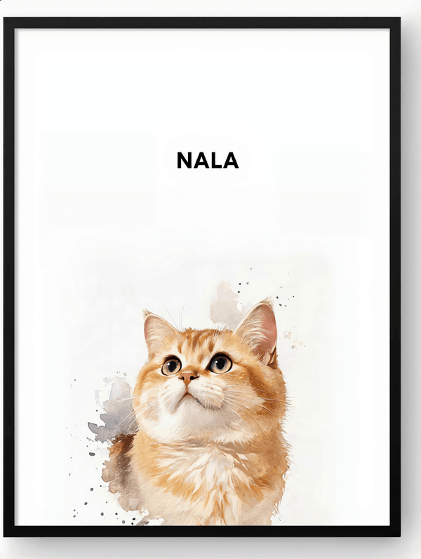 Custom watercolor pet portrait of an orange cat named Nala in a black frame by Pawtraits & Tales.