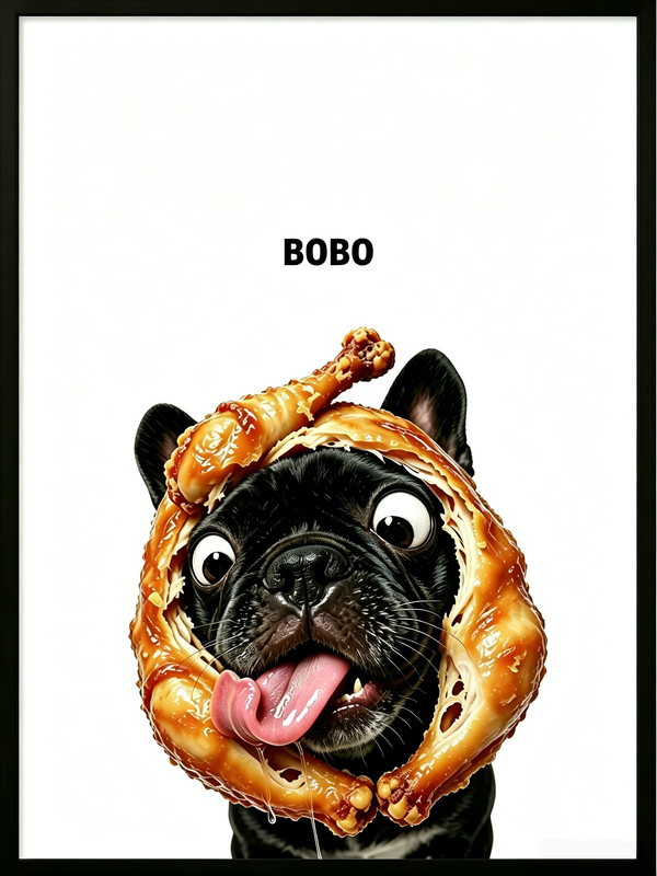 Custom funny French Bulldog portrait wearing a fried chicken hat with the name Bobo.