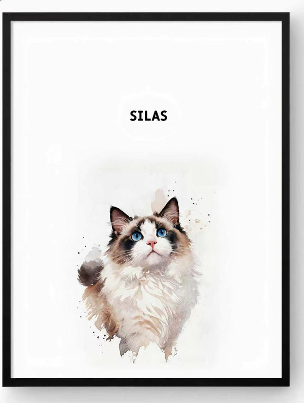 Personalized watercolor cat portrait of a fluffy Ragdoll cat named Silas in a black frame