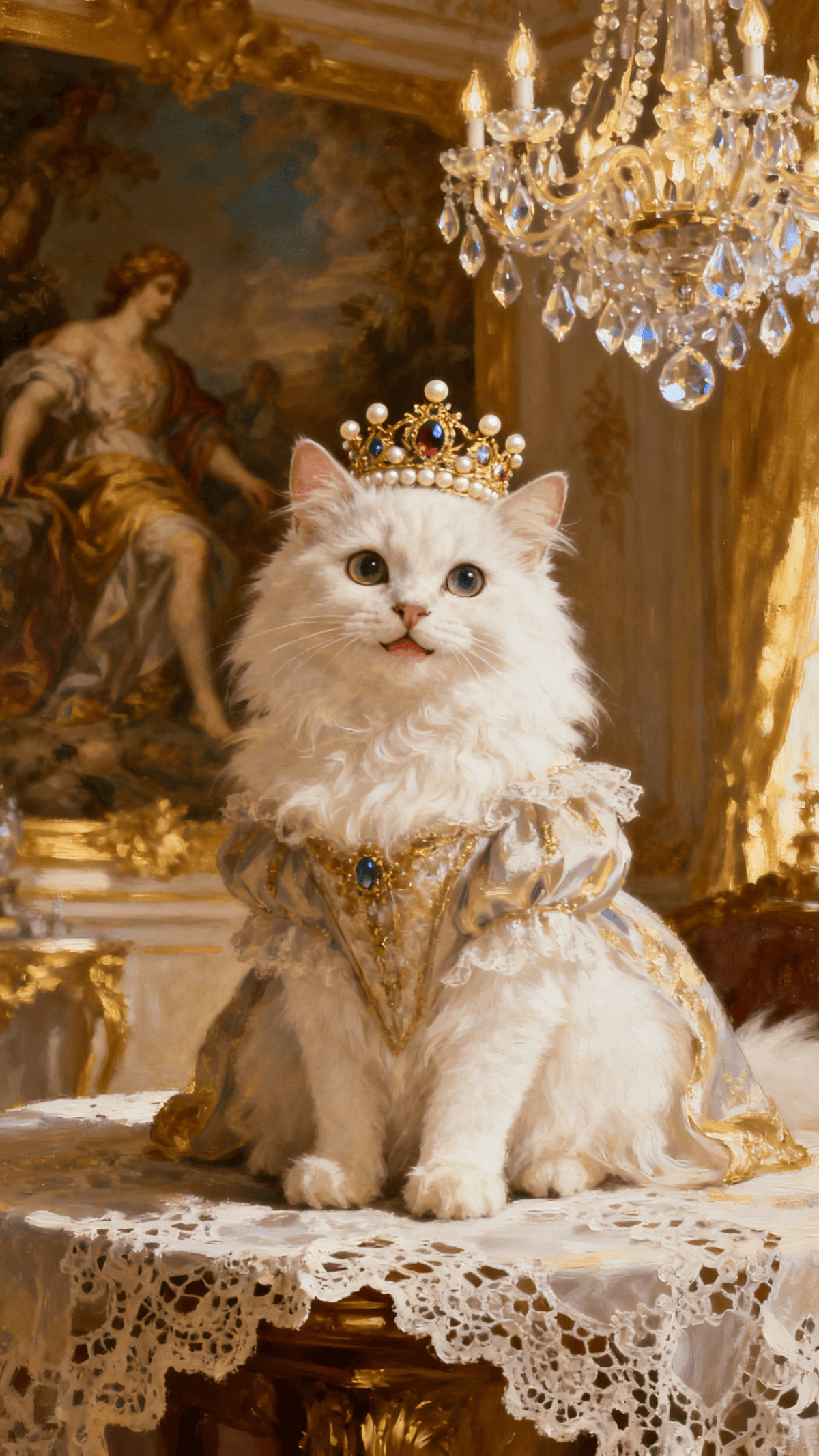 Custom vintage oil painting of a white fluffy cat wearing a crown and royal gown