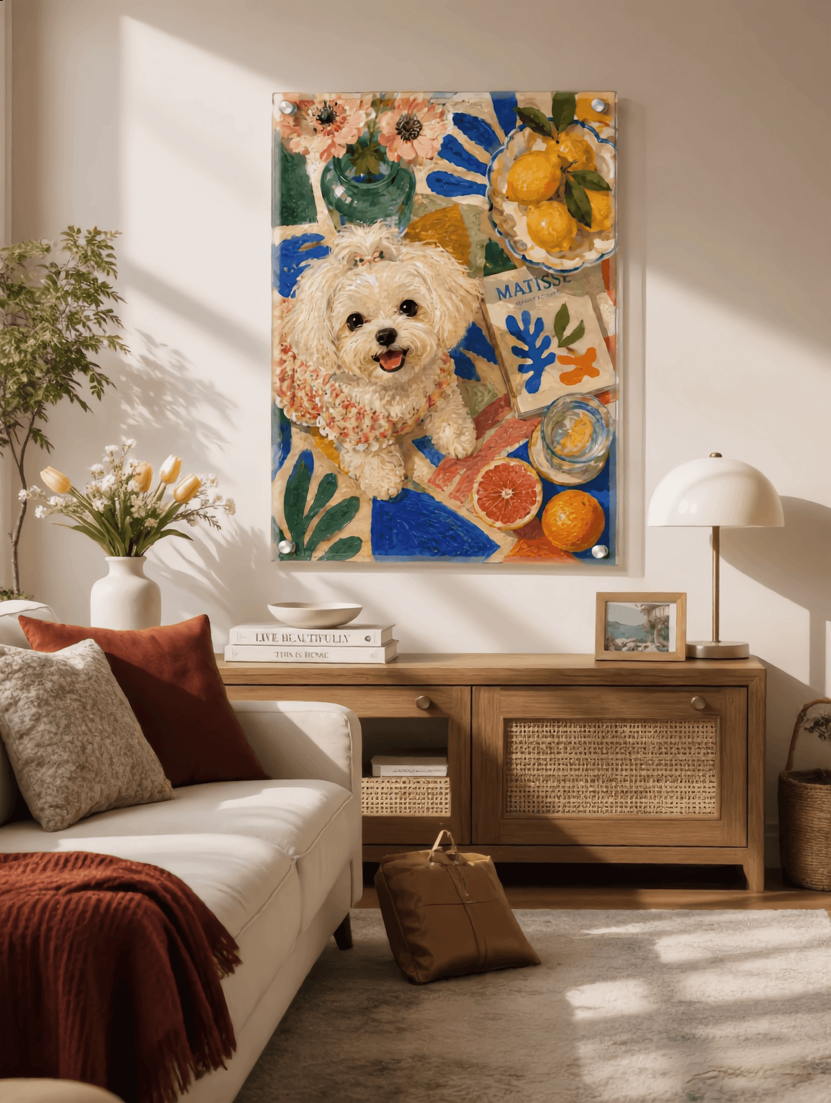 Custom vintage oil painting pet portrait of a fluffy white dog displayed in a modern living room.