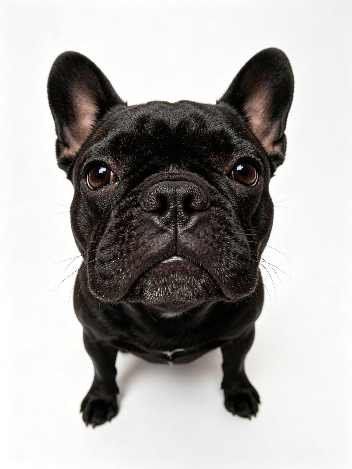 Close-up portrait of a black French Bulldog looking up against a white background.