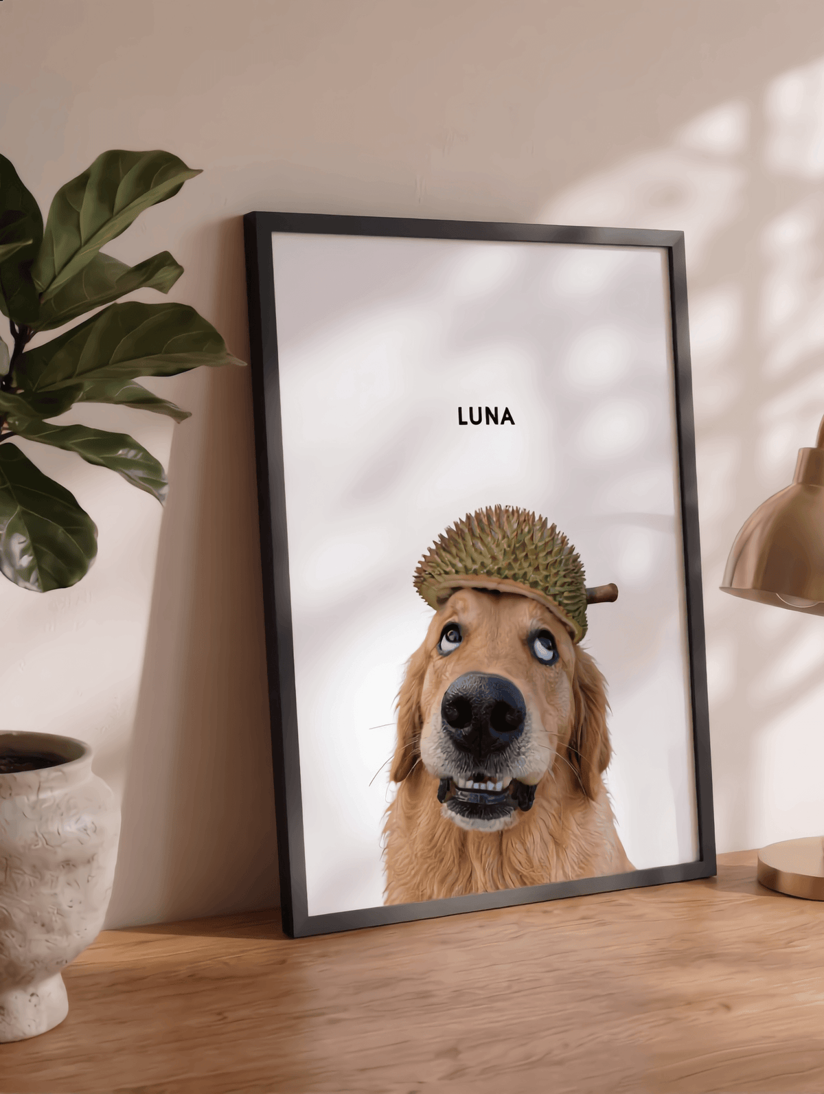 Custom minimalist pet portrait of a Golden Retriever with a hedgehog on its head, titled Luna.