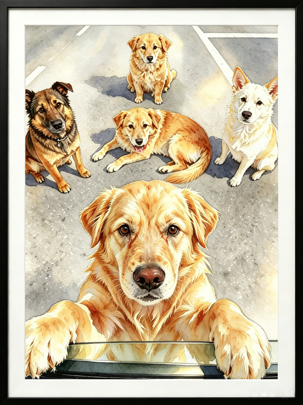 Custom multi-pet watercolor portrait featuring a group of five dogs in a personalized print.