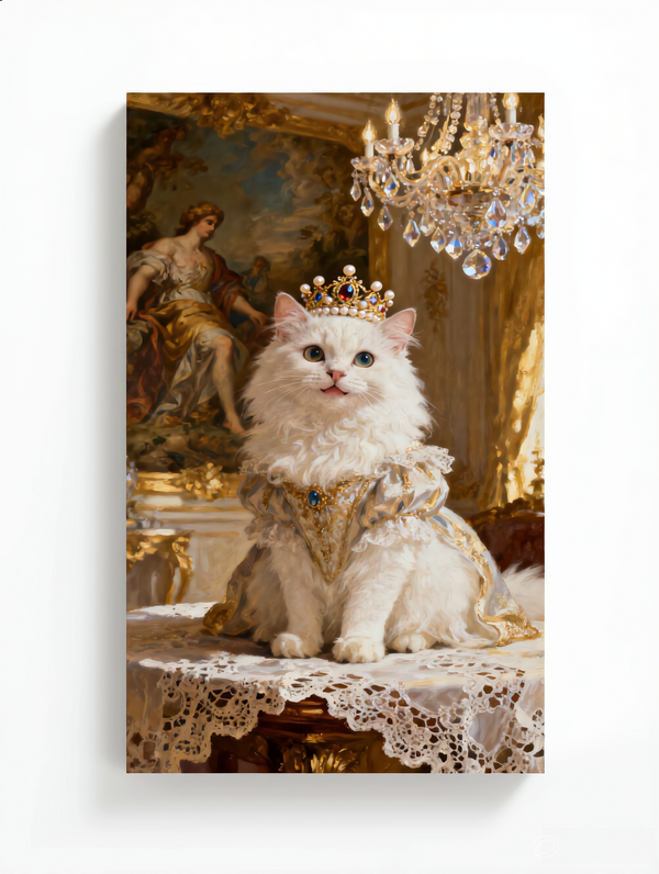 Custom vintage oil painting of a white fluffy cat wearing a royal crown and gown.