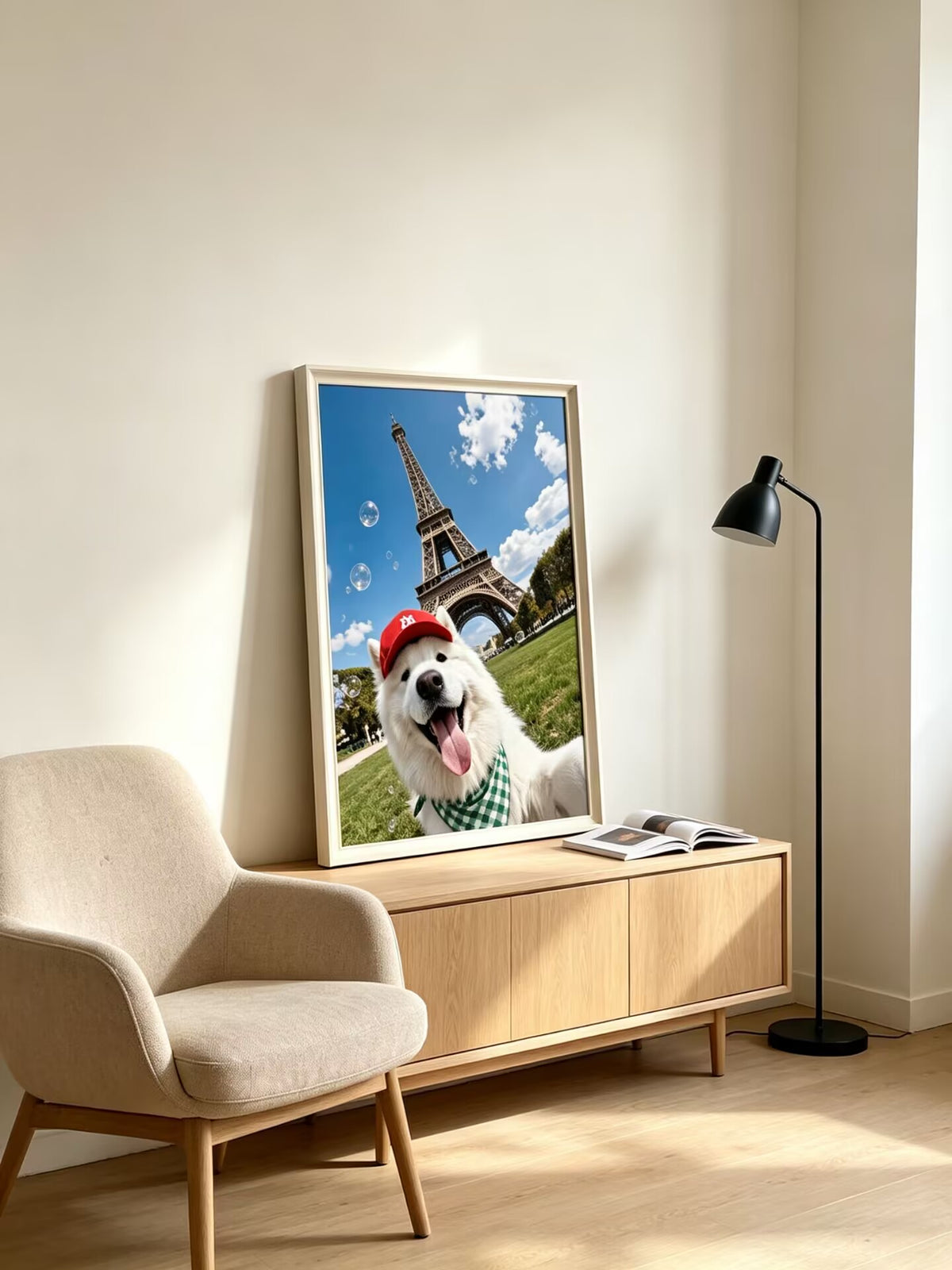 Personalized pet travel poster featuring a white dog wearing a red cap in front of the Eiffel Tower