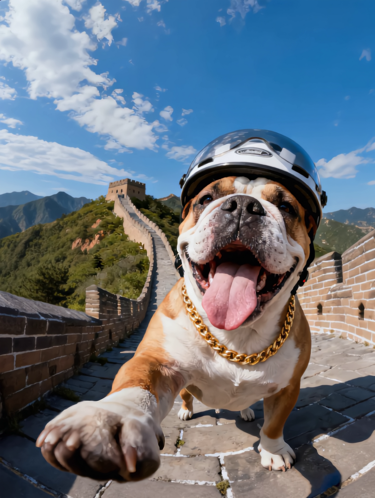Bulldog wearing a helmet and gold chain on the Great Wall of China, modern travel pet portrait.