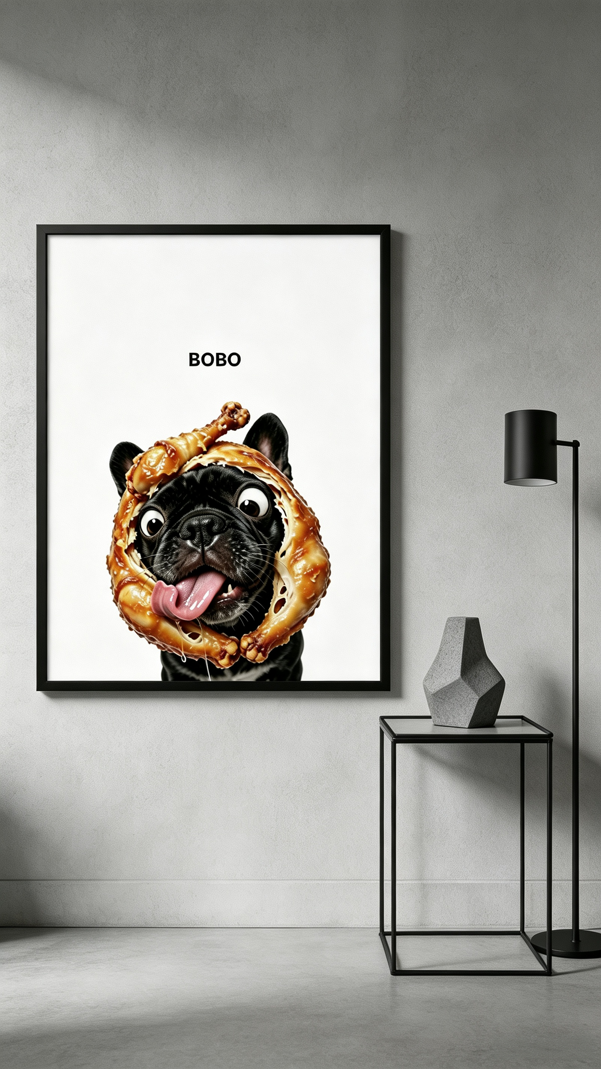 Funny custom French Bulldog portrait wearing a pizza crust hat, personalized pet wall art.