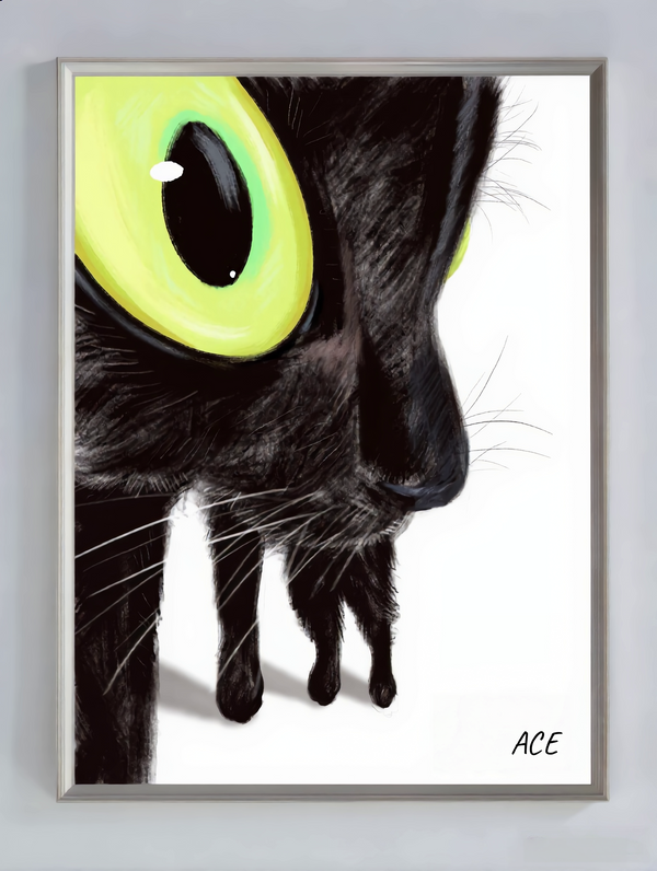 Watercolor portrait of a black cat with large yellow eyes, personalized pet painting by Pawtraits & Tales