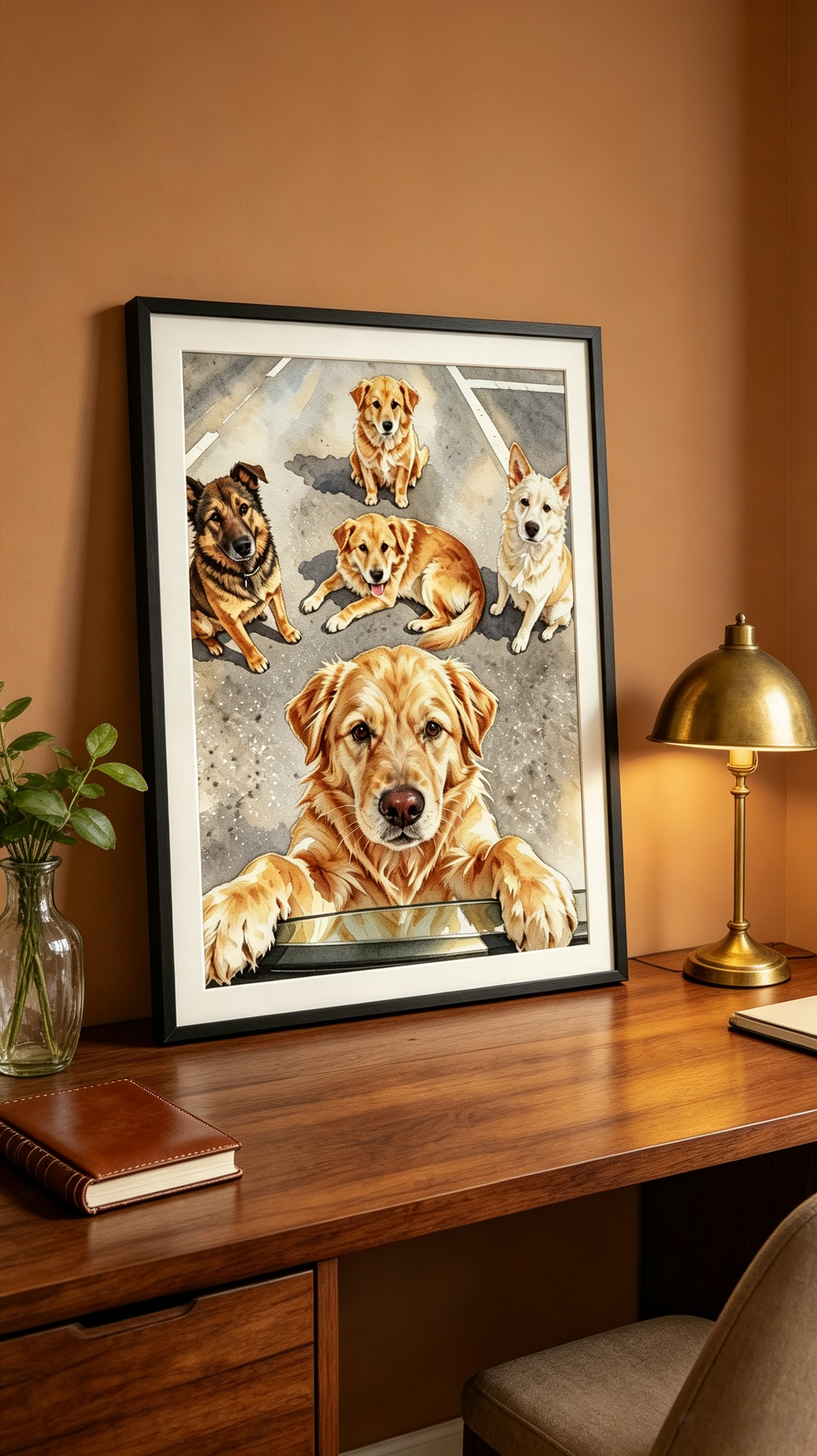 Custom multi-pet watercolor portrait of five diverse dogs in a black frame on a wooden desk.
