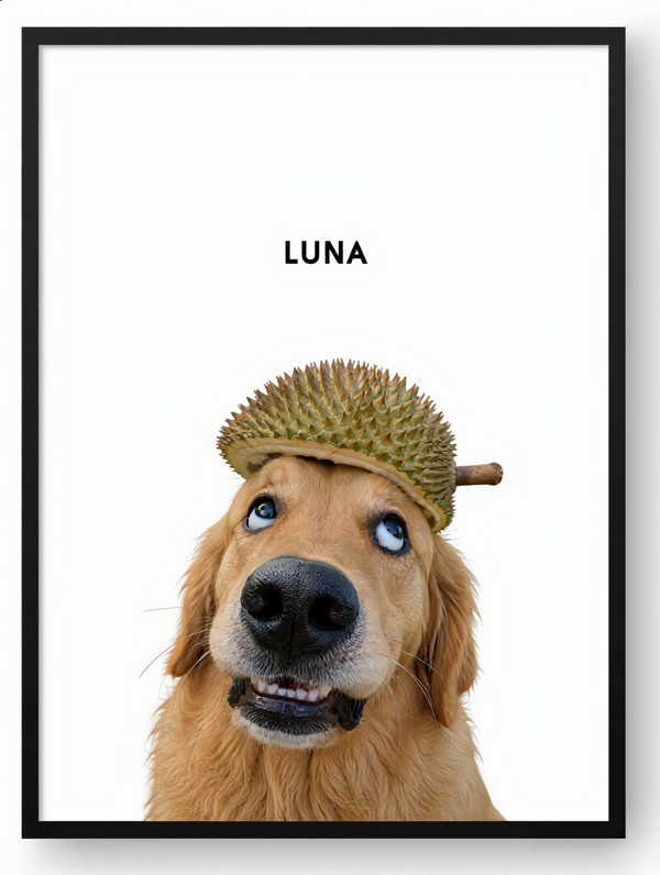 Custom minimalist pet portrait of a Golden Retriever wearing a durian fruit as a hat, titled LUNA.