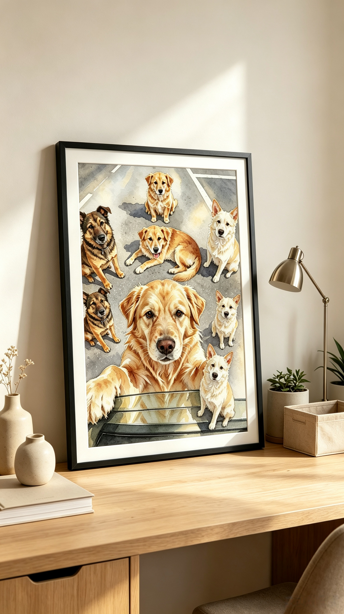 Custom multi-pet watercolor portrait featuring a group of dogs in a framed wall art print.