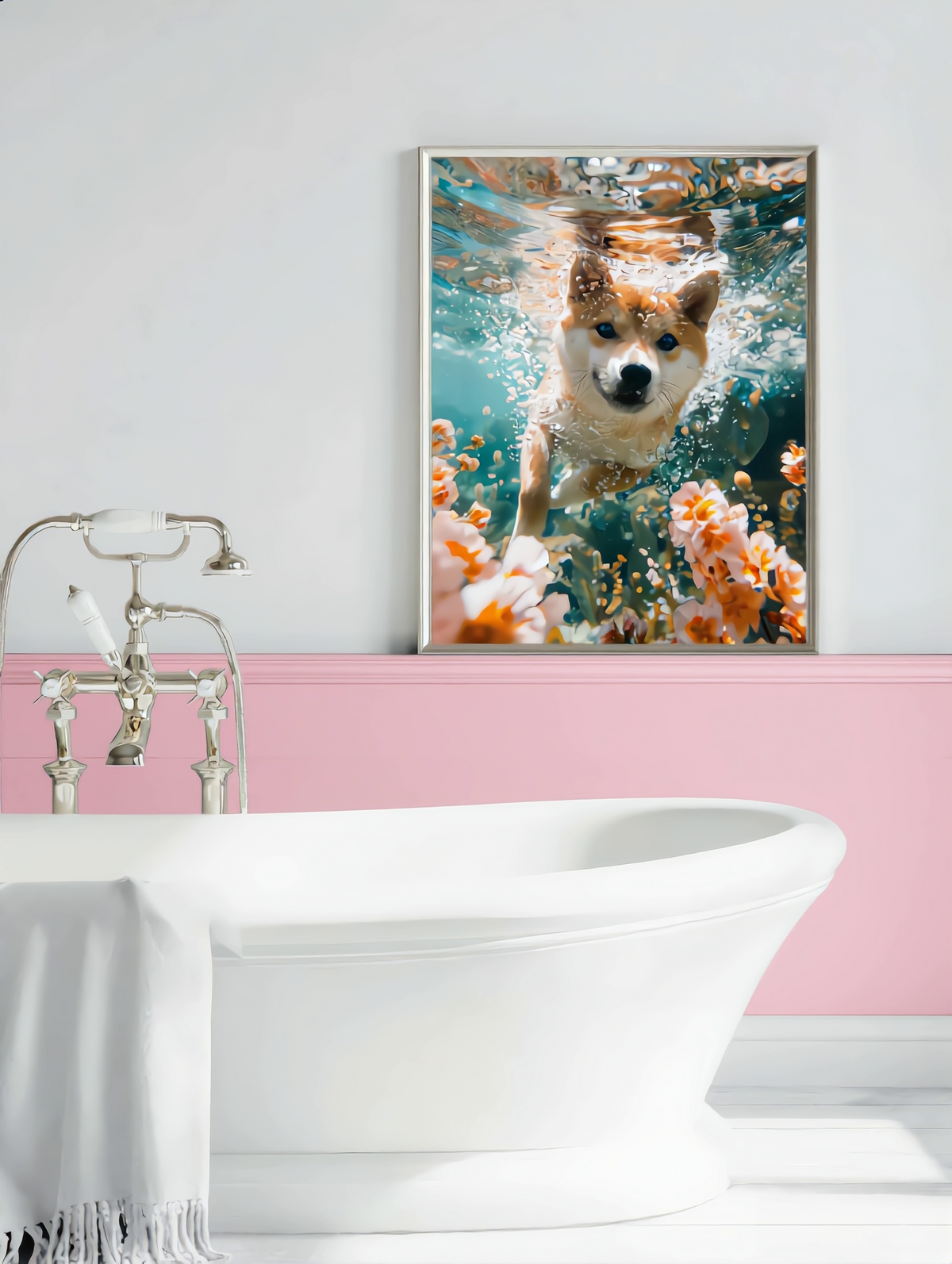 Custom diving pet portrait of a Shiba Inu swimming underwater with flowers in a bathroom.