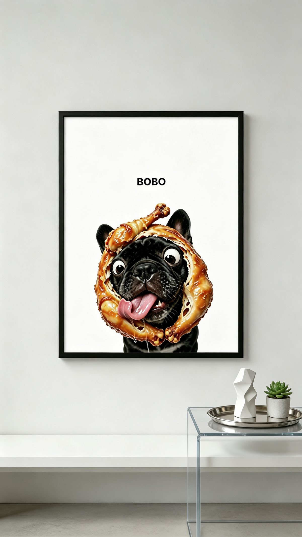 Custom funny French Bulldog portrait wearing a food hat with the name Bobo on white wall art.