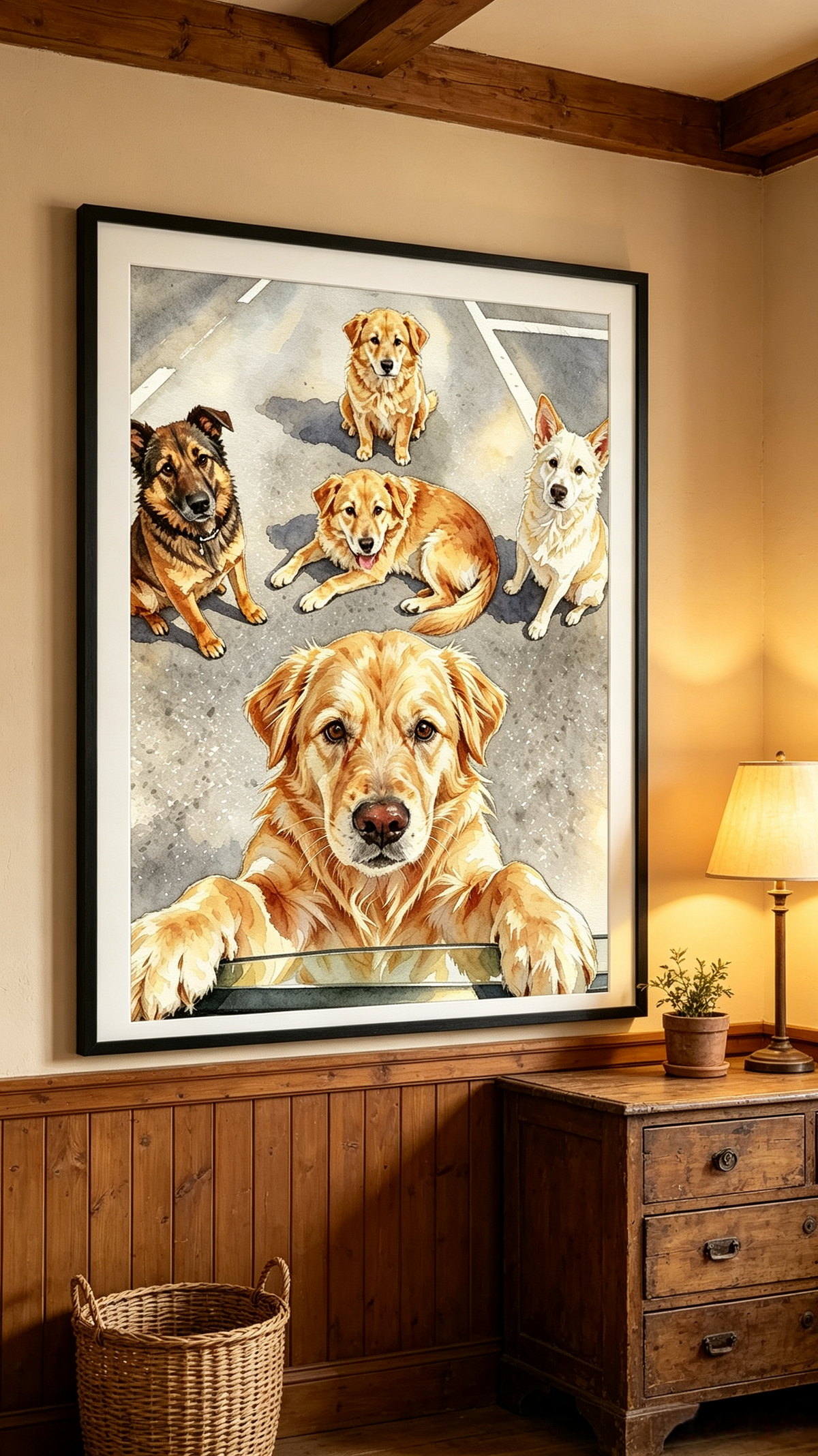 Custom multi-pet watercolor portrait featuring four dogs in a personalized group print.