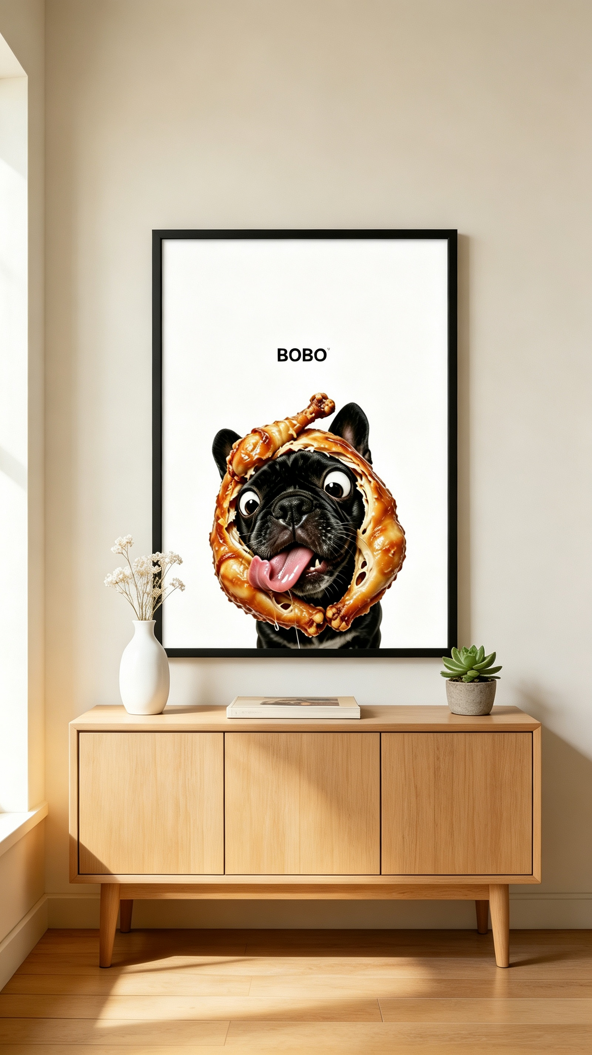 Custom funny French Bulldog portrait with a food hat, personalized pet poster by Pawtraits & Tales