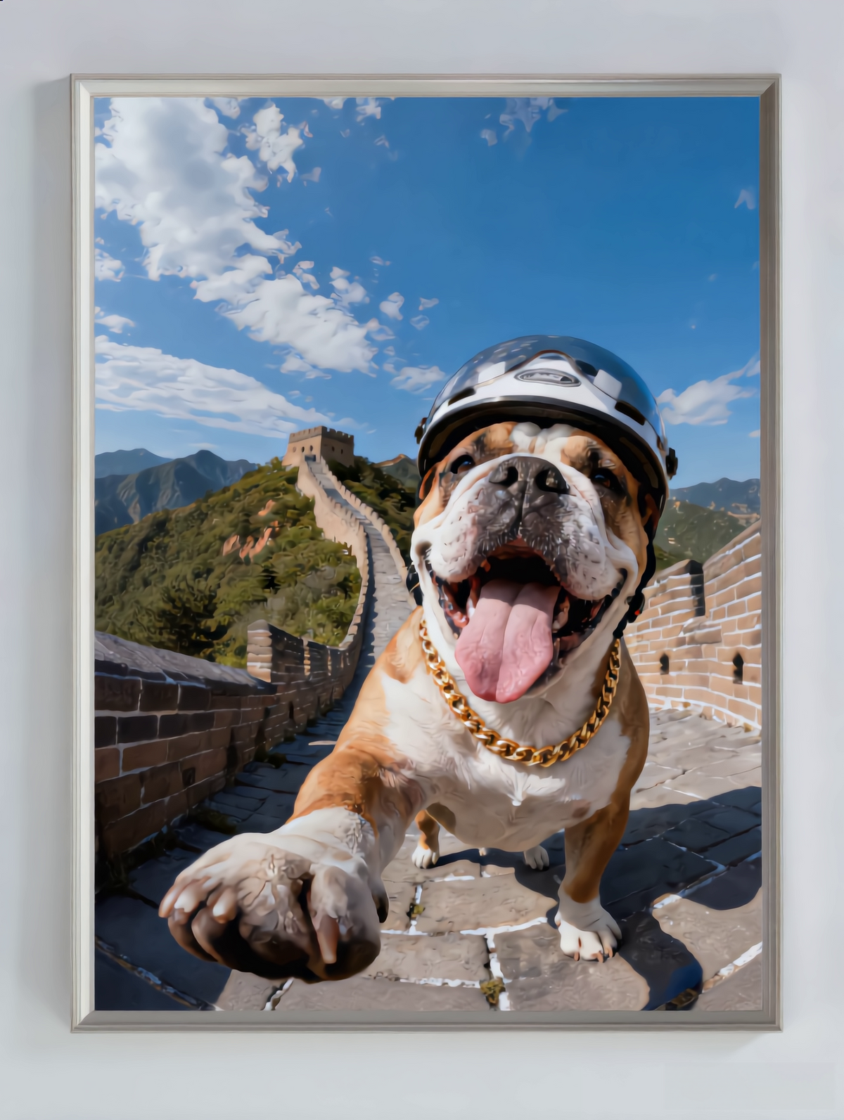 Custom bulldog pet portrait wearing a helmet on the Great Wall of China, Modern Travel Series.