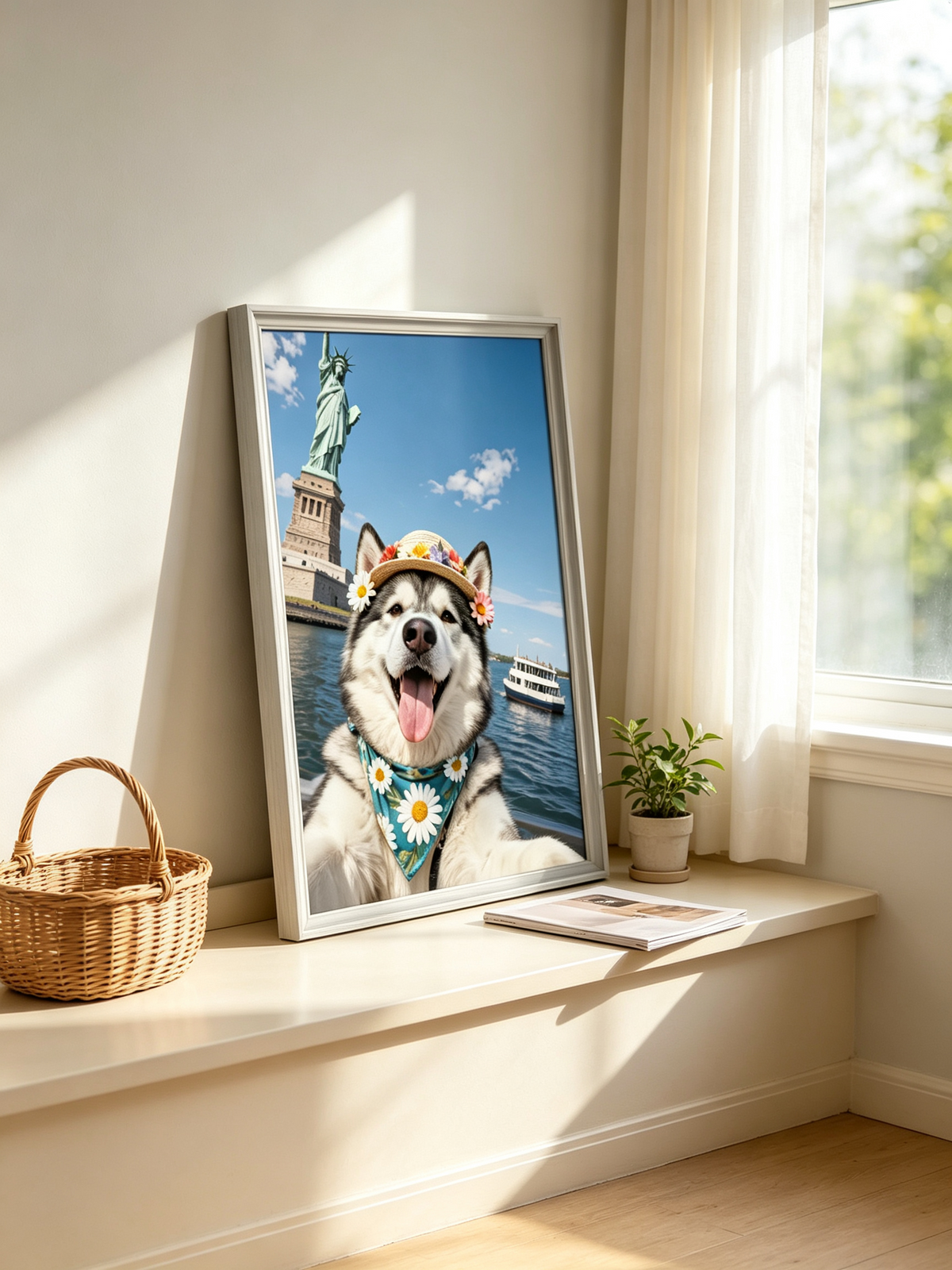 Custom travel themed pet portrait of a husky wearing a hat by the Statue of Liberty.