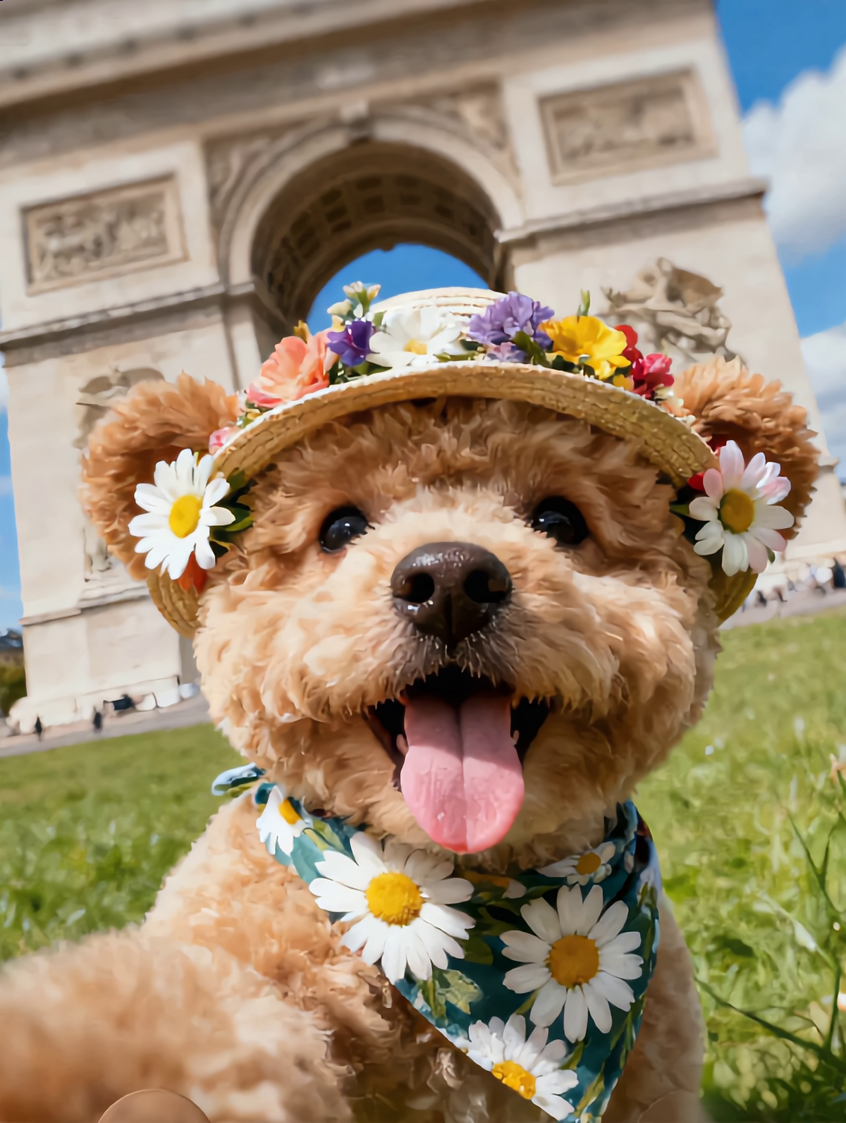 Custom travel themed pet portrait of a happy dog wearing a floral hat near the Arc de Triomphe.