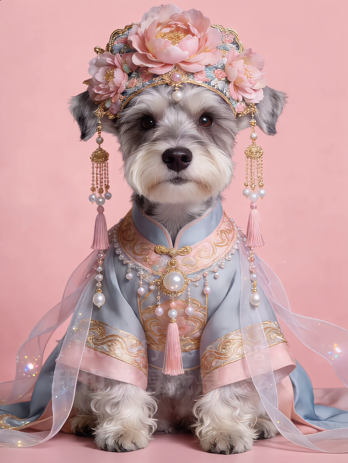 Custom Chinese style pet portrait of a schnauzer in traditional oriental attire by Pawtraits & Tales