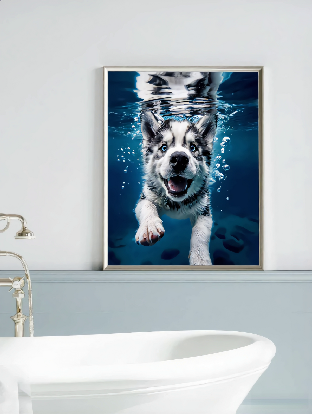 Dreamy underwater custom pet portrait of a husky dog by Pawtraits & Tales