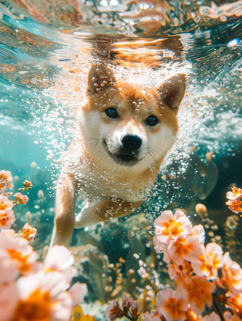Custom diving Shiba Inu pet portrait swimming underwater with bubbles and flowers.