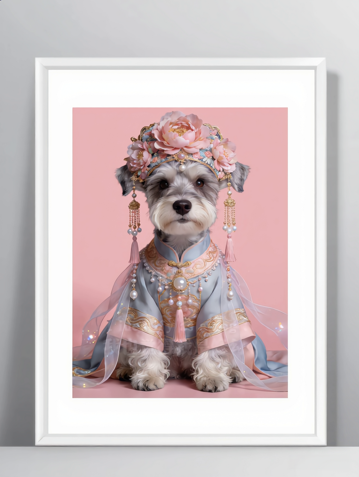 Custom Chinese style pet portrait of a Schnauzer in traditional ornate attire and headpiece.
