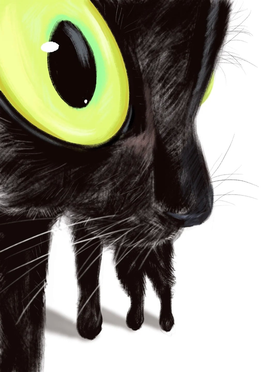 Close-up digital illustration of a black cat with large, bright yellow eyes.