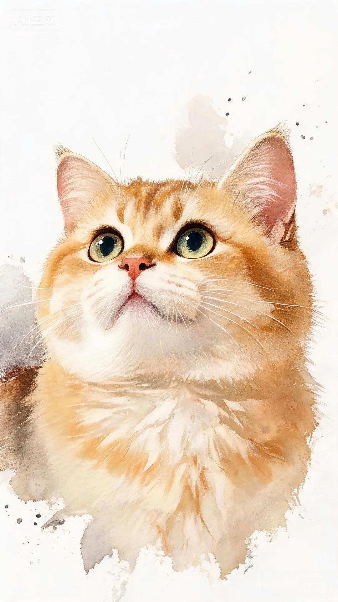 Custom watercolor pet portrait of a ginger cat looking up, by Pawtraits & Tales.