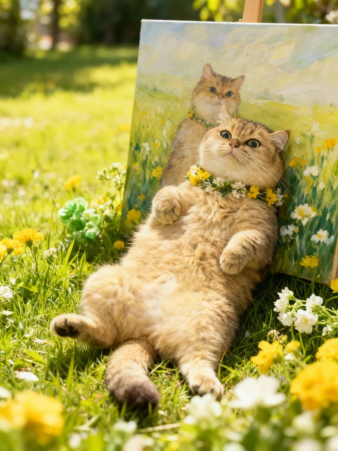 Fluffy ginger cat lying in grass next to a personalized oil painting pet portrait by Pawtraits & Tales