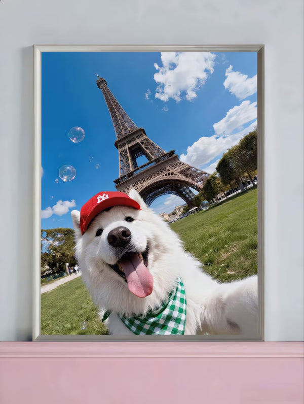 A white dog wearing a red cap and green bandana smiling in front of the Eiffel Tower.