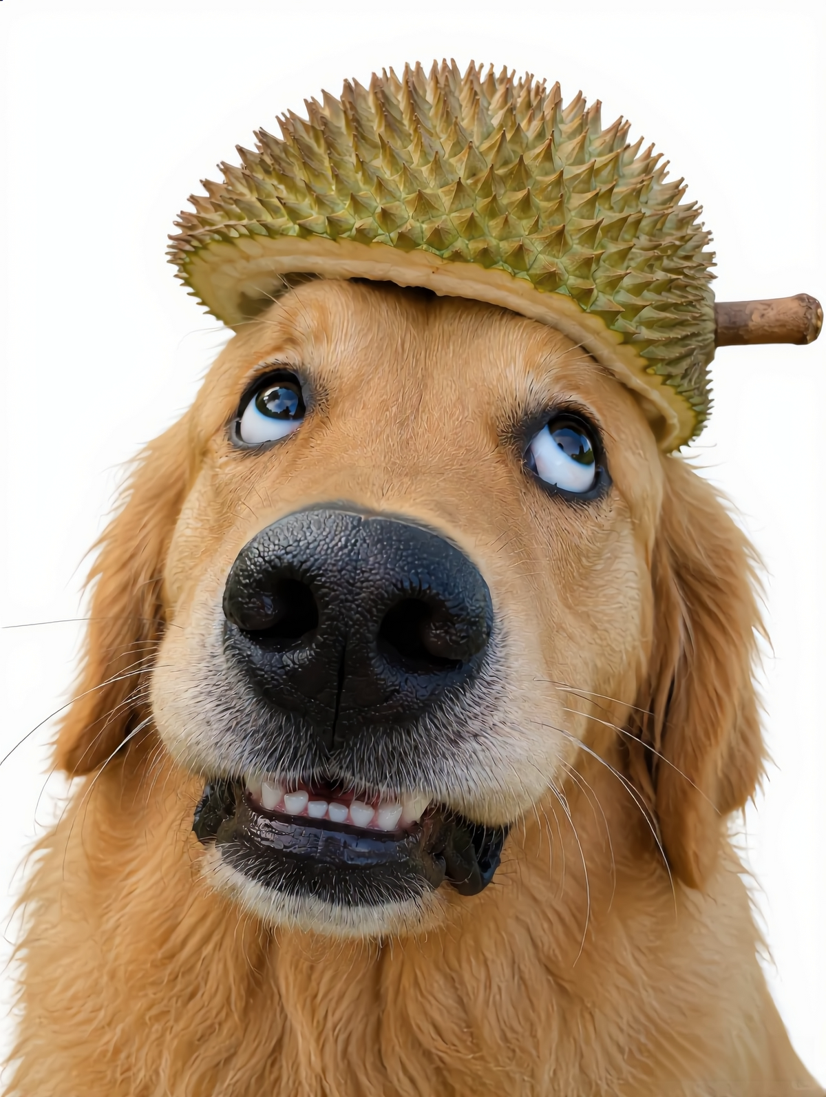 Close-up of a golden retriever wearing a durian fruit as a hat, looking upward.