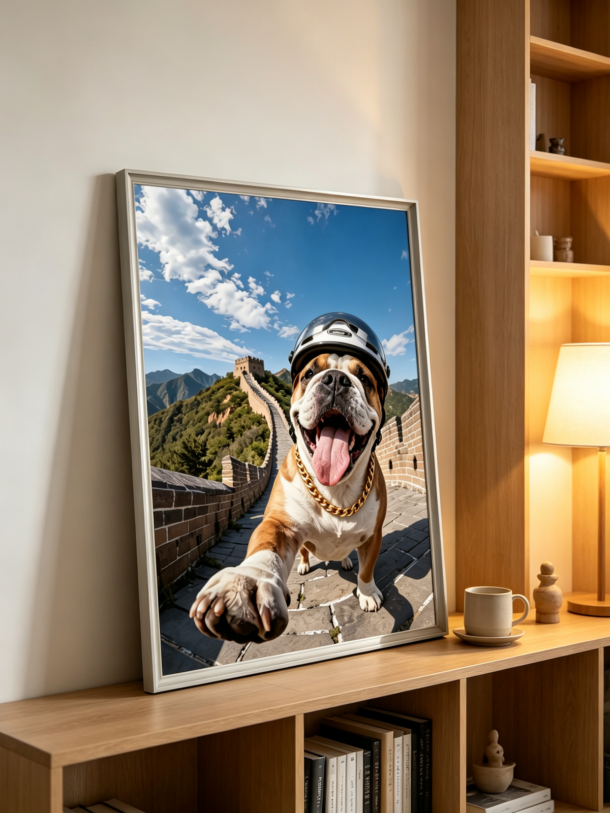 Personalized bulldog pet portrait wearing a helmet on the Great Wall of China.