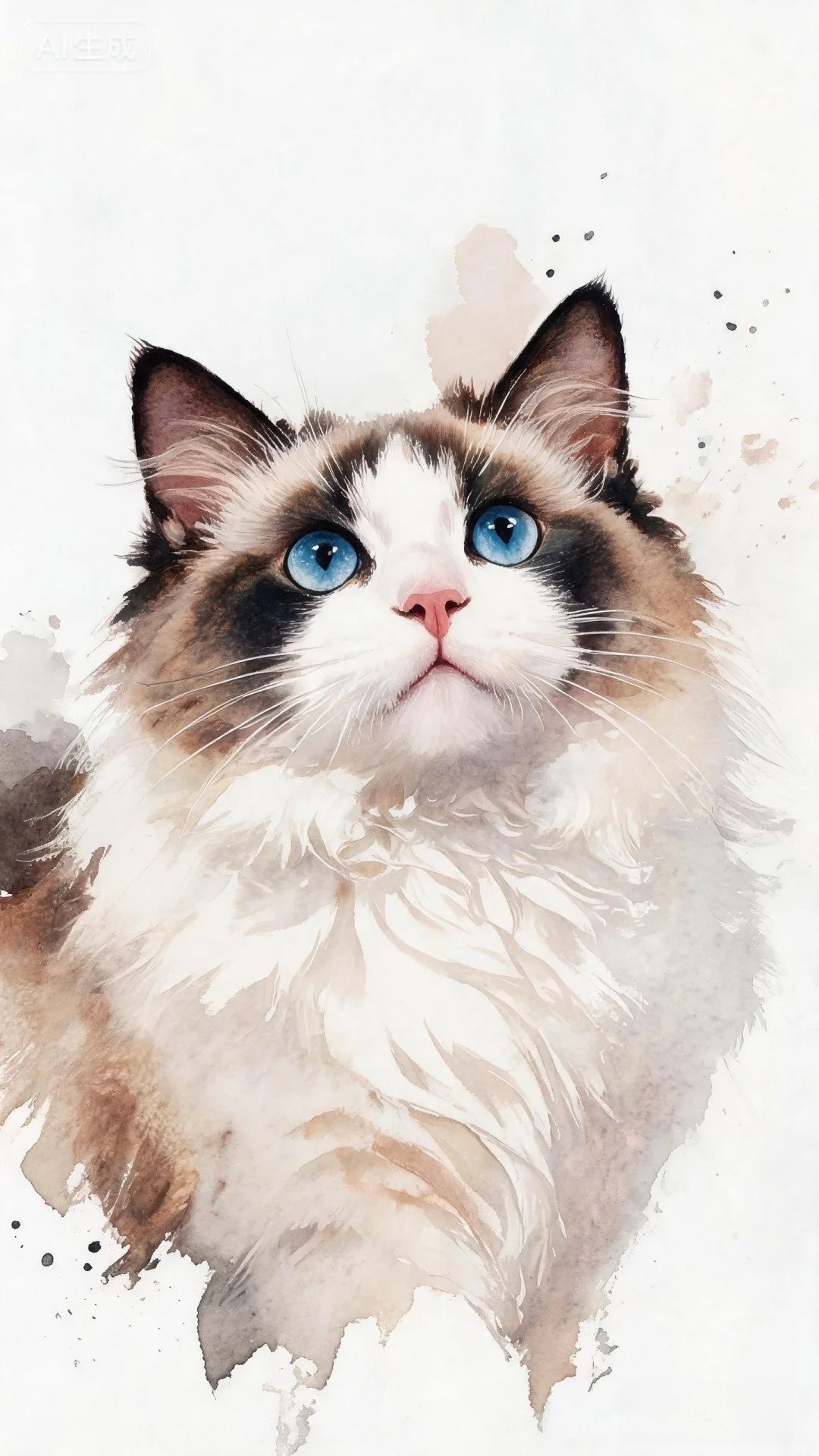 Watercolor pet portrait painting of a fluffy Ragdoll cat with blue eyes by Pawtraits & Tales