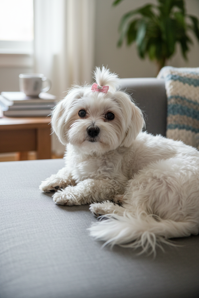 Small white Maltese dog with a pink bow on its head resting on a grey sofa.