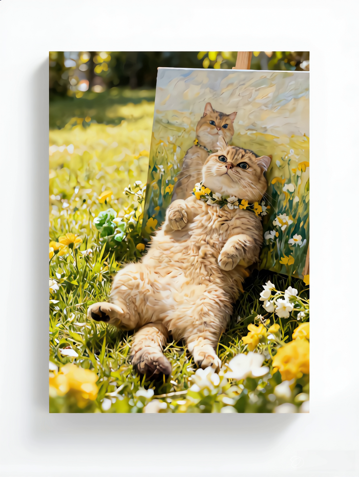 Personalized oil painting of a ginger cat wearing a flower crown, lying in a sunny meadow.