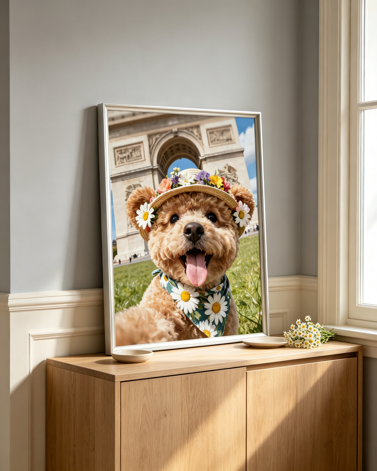 Custom travel themed pet portrait of a dog wearing a floral hat in front of the Arc de Triomphe.