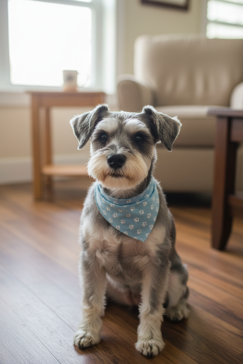 Grey Miniature Schnauzer wearing a blue floral bandana sitting on a wooden floor.