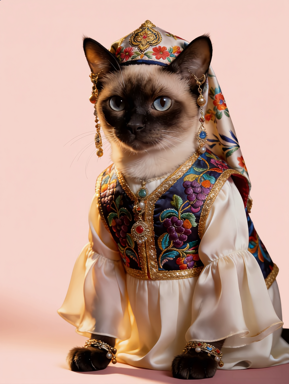 Siamese cat wearing a traditional ornate royal outfit and headdress by Pawtraits & Tales