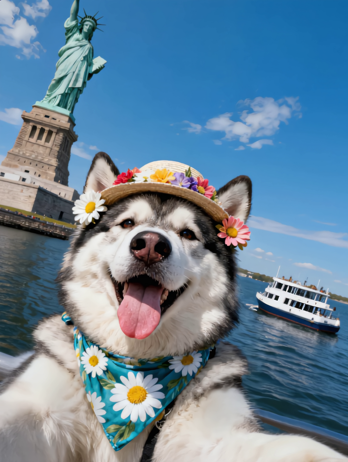 Custom travel themed pet portrait of a smiling husky wearing a flower hat by the Statue of Liberty