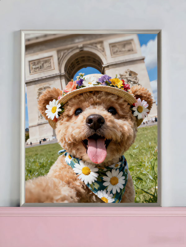 Custom travel themed pet portrait of a smiling dog wearing a floral hat near the Arc de Triomphe.
