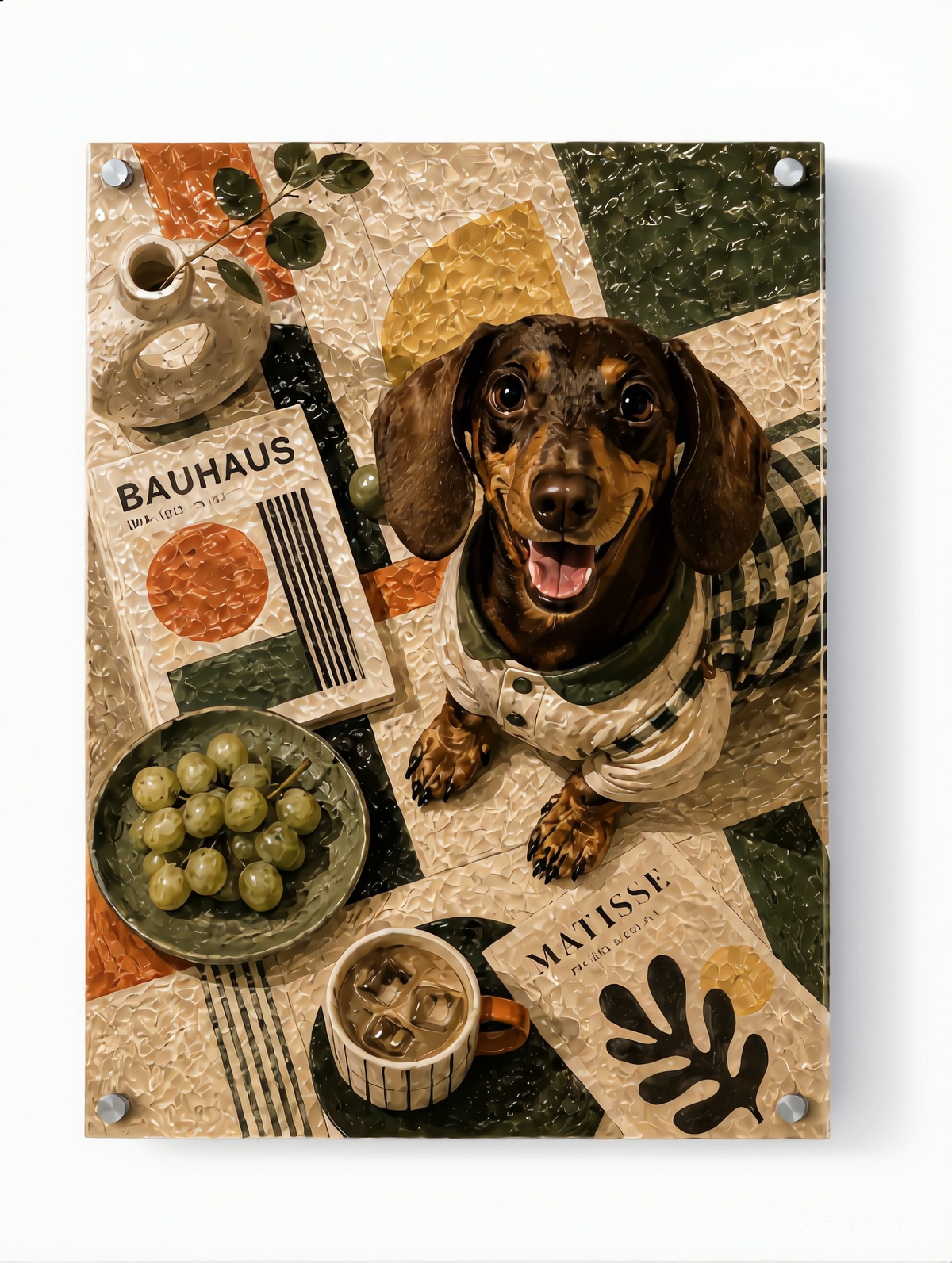 Vintage oil painting pet portrait of a dachshund in a green coat with artistic elements.