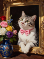 Tabby cat wearing a pink bow tie posed inside an ornate gold frame beside flowers